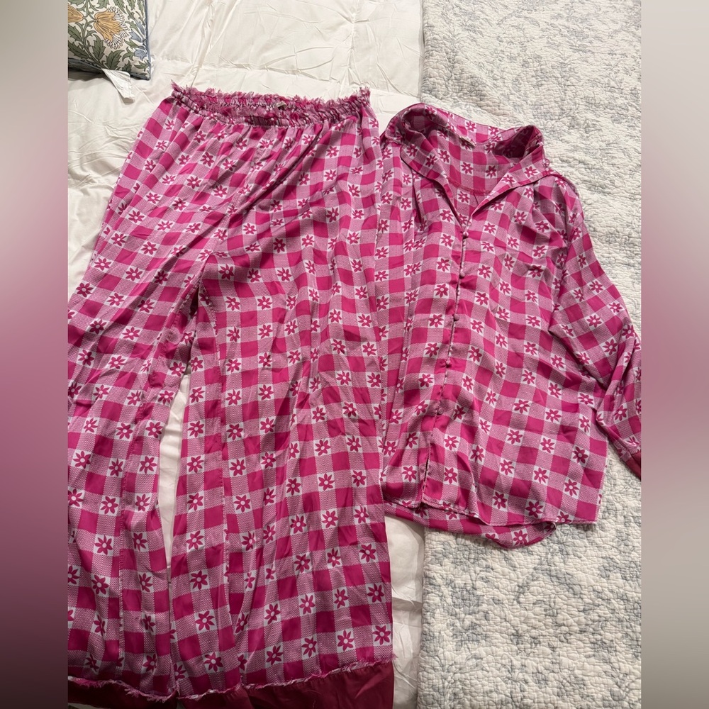 Free People Dreamy Days Pink Checkered Pajama Set